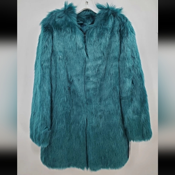 Wendy Williams Collection teal Faux Fur Coat jacket womens medium NEW - Picture 1 of 6